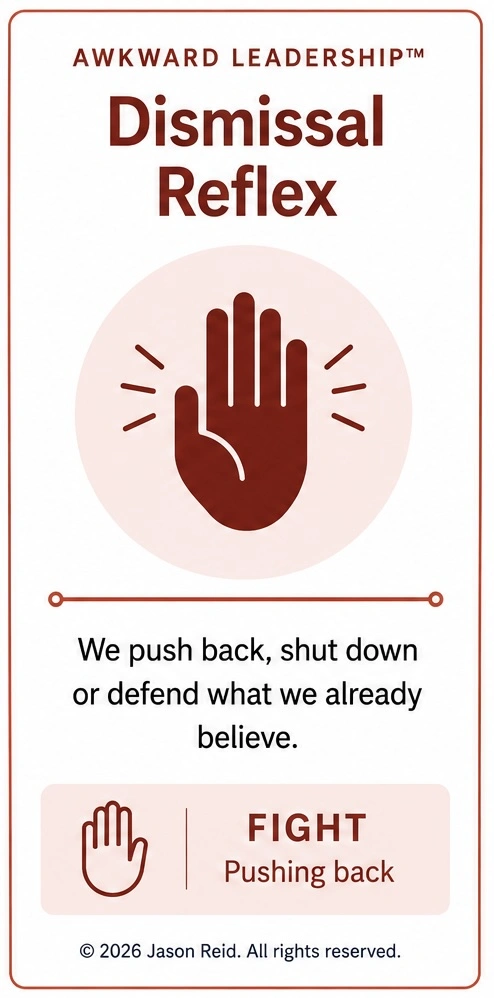 Illustration of the Dismissal Reflex, an Awkward Leadership pattern where leaders dismiss ideas too quickly